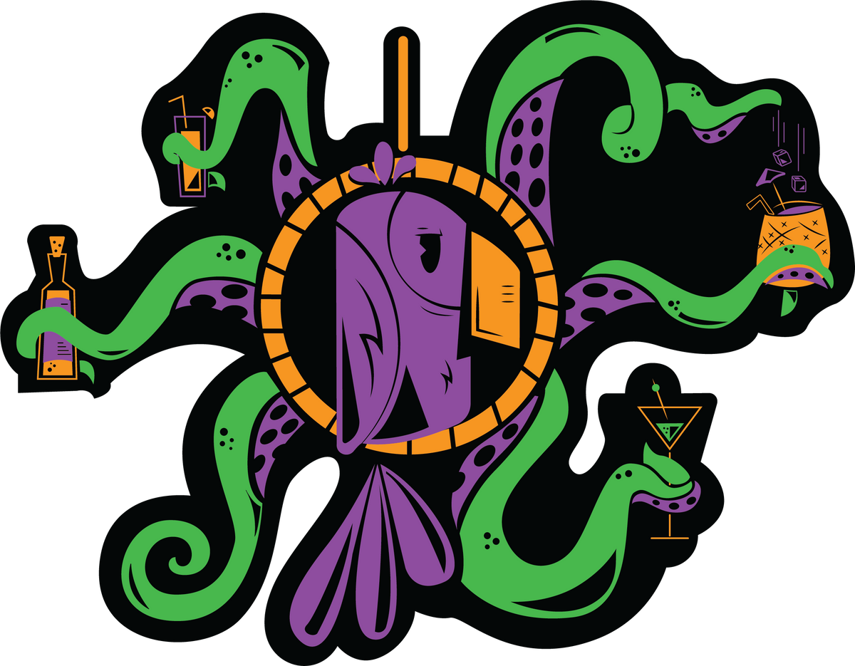 Purple Parrot with Octopus tentacles behind him, making, popping and stirring mixed drinks. Martini drink, pina colada, rum, beer, and cocktail. Parrot making cocktails. Drink Up Me Hearties Mantra.